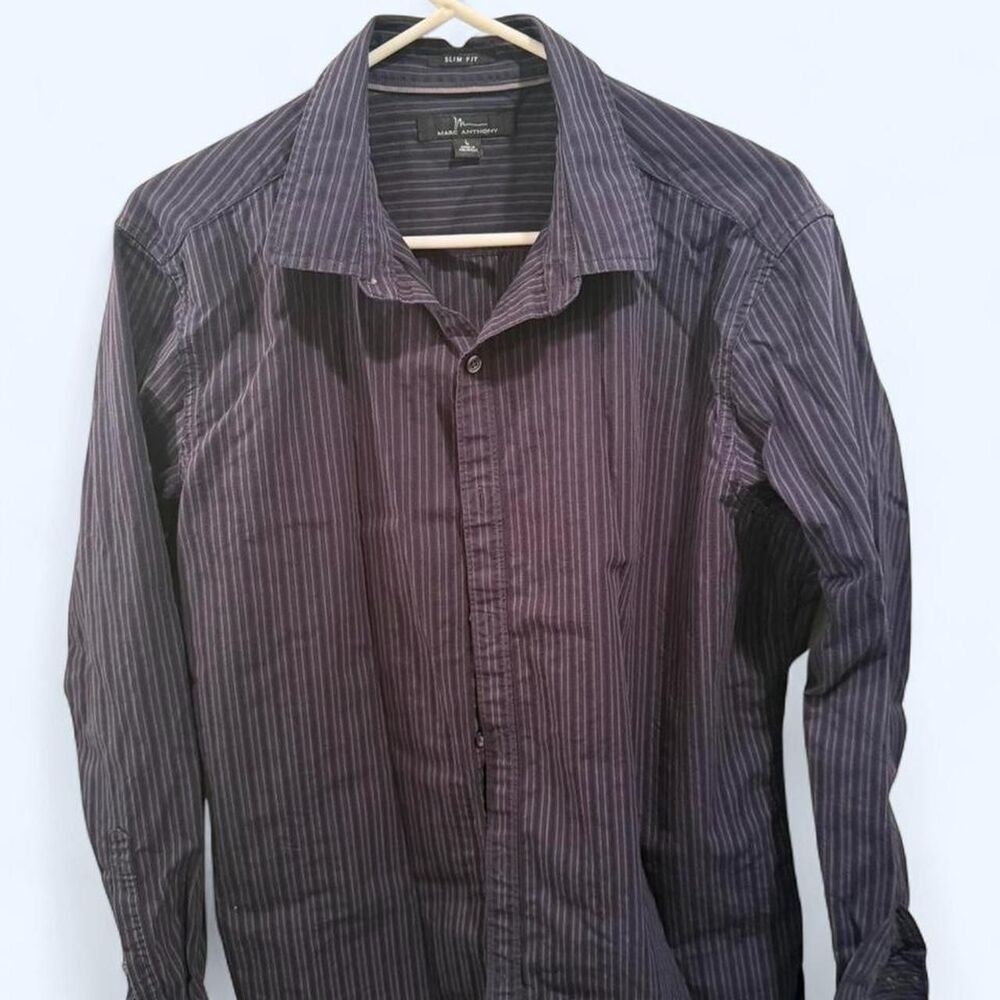 Marc Anthony dark blue purple striped button up shirt Size L